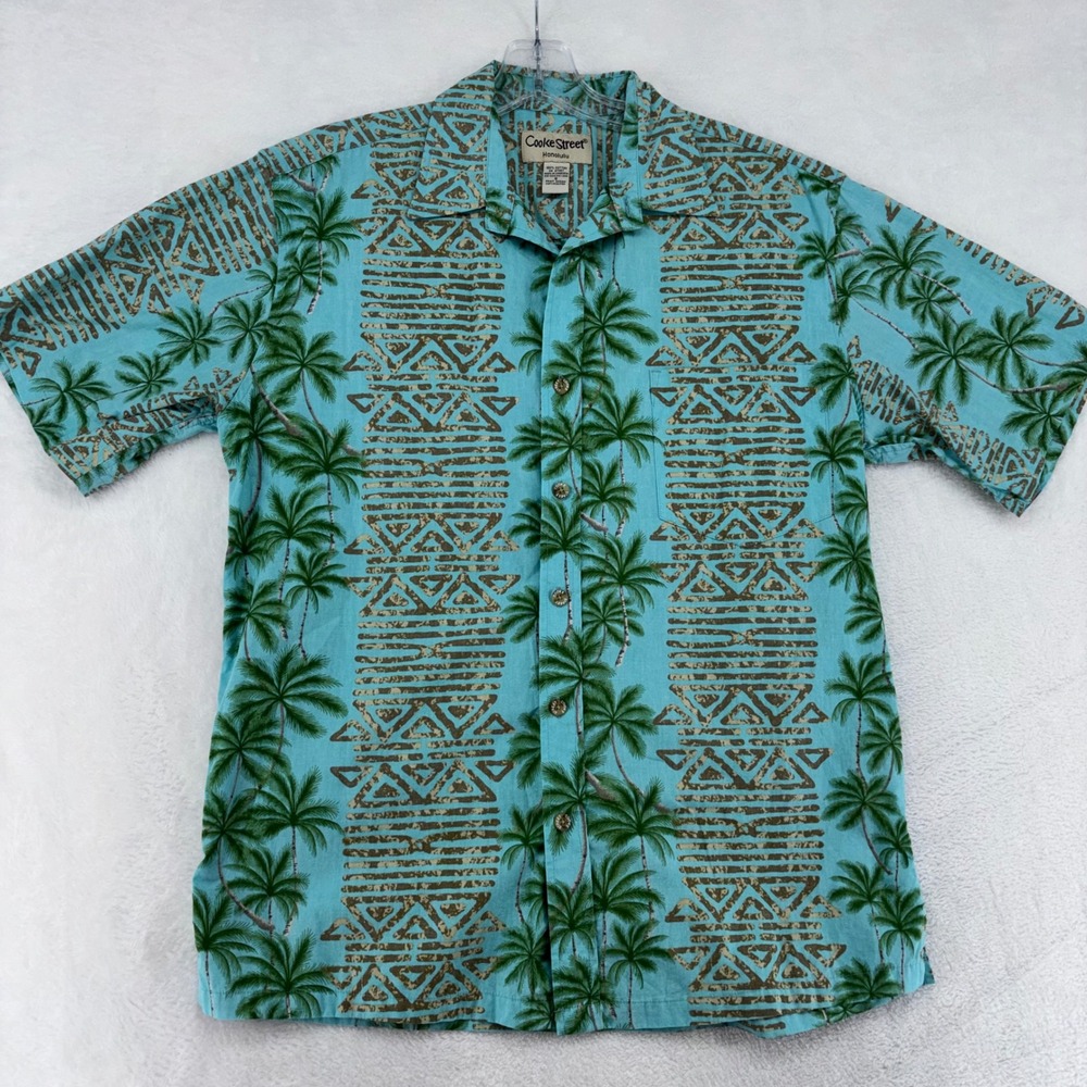 Cooke Street Honolulu Mens Small Aloha Shirt Blue Palm Tree Tribal Cotton 9061